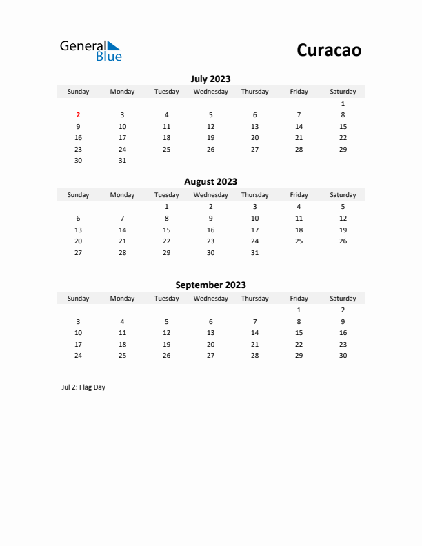 Printable Quarterly Calendar with Notes and Curacao Holidays- Q3 of 2023