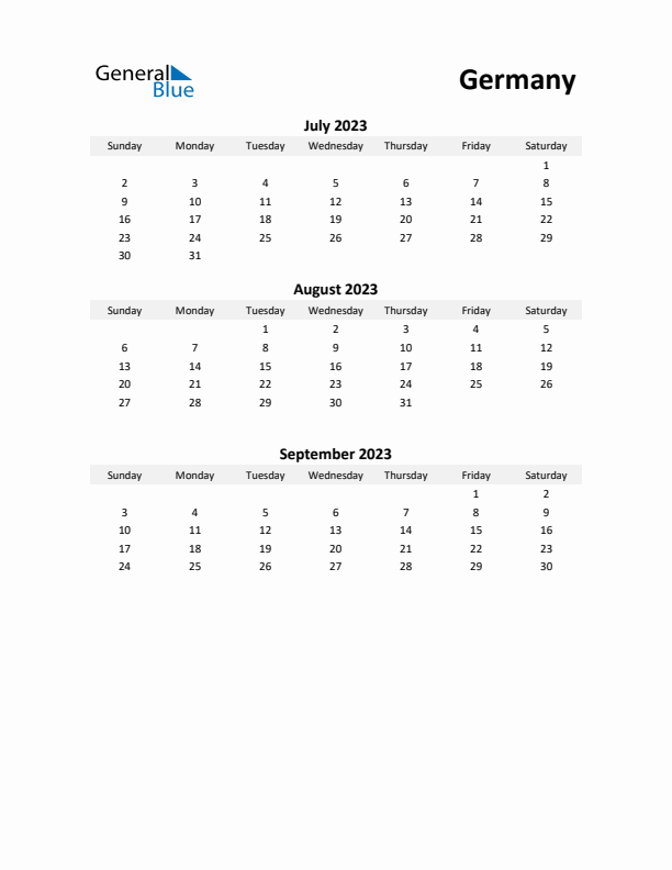 Printable Quarterly Calendar with Notes and Germany Holidays- Q3 of 2023