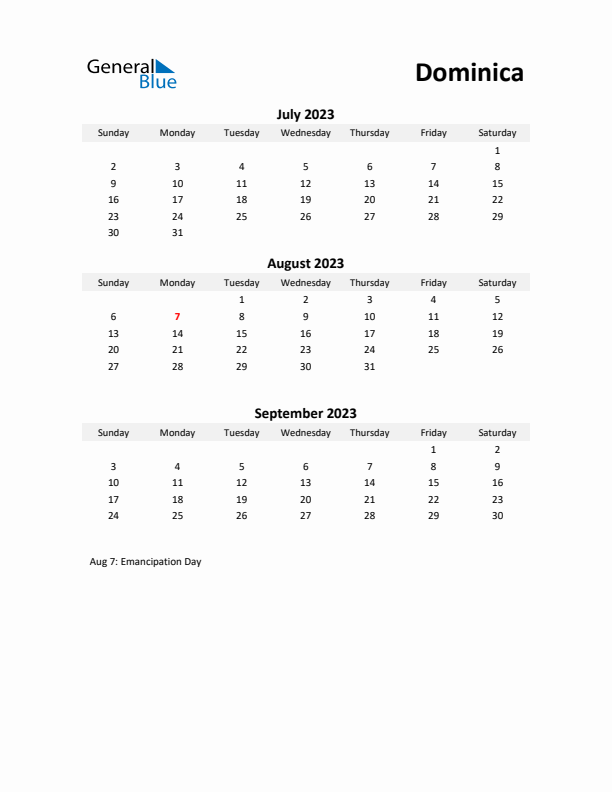 Printable Quarterly Calendar with Notes and Dominica Holidays- Q3 of 2023