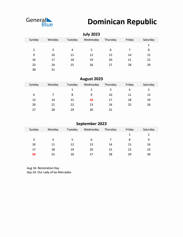 Printable Quarterly Calendar with Notes and Dominican Republic Holidays- Q3 of 2023