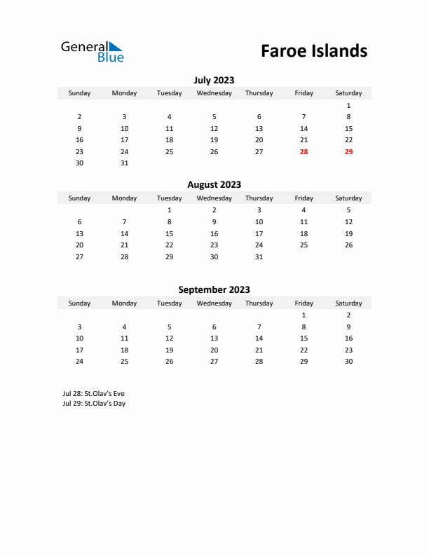 Printable Quarterly Calendar with Notes and Faroe Islands Holidays- Q3 of 2023