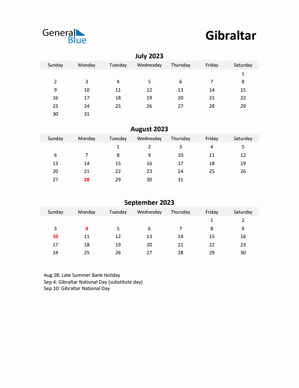 Printable Quarterly Calendar with Notes and Gibraltar Holidays- Q3 of 2023