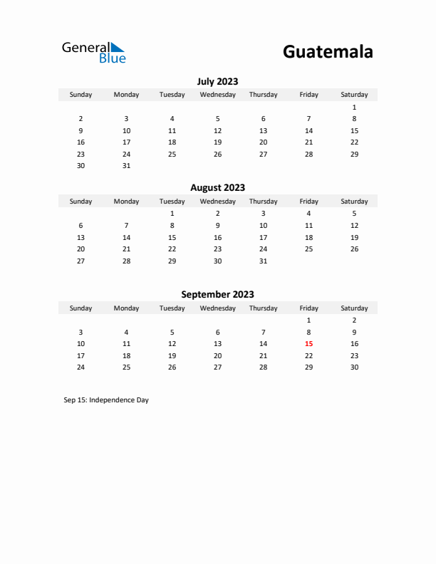 Printable Quarterly Calendar with Notes and Guatemala Holidays- Q3 of 2023