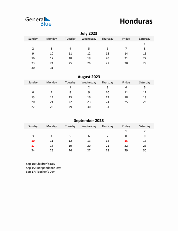 Printable Quarterly Calendar with Notes and Honduras Holidays- Q3 of 2023