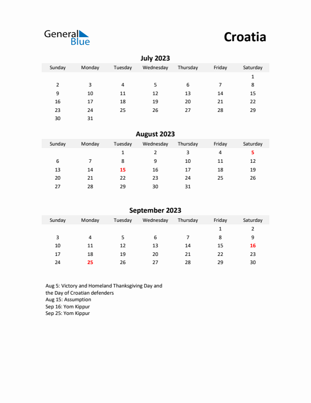 Printable Quarterly Calendar with Notes and Croatia Holidays- Q3 of 2023