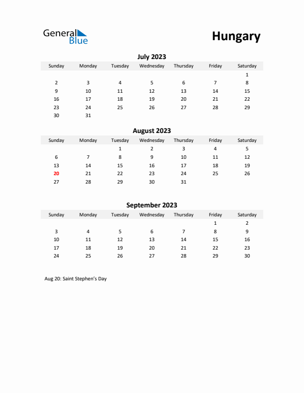 Printable Quarterly Calendar with Notes and Hungary Holidays- Q3 of 2023