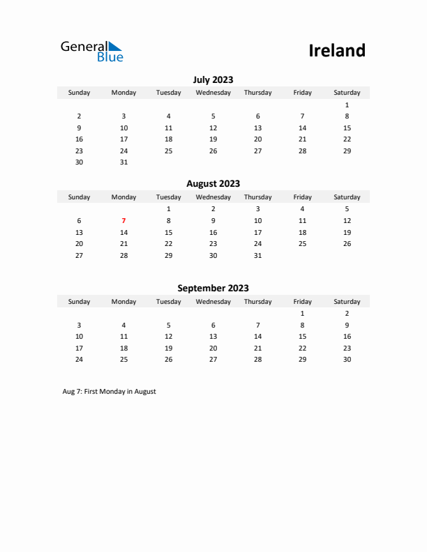 Printable Quarterly Calendar with Notes and Ireland Holidays- Q3 of 2023