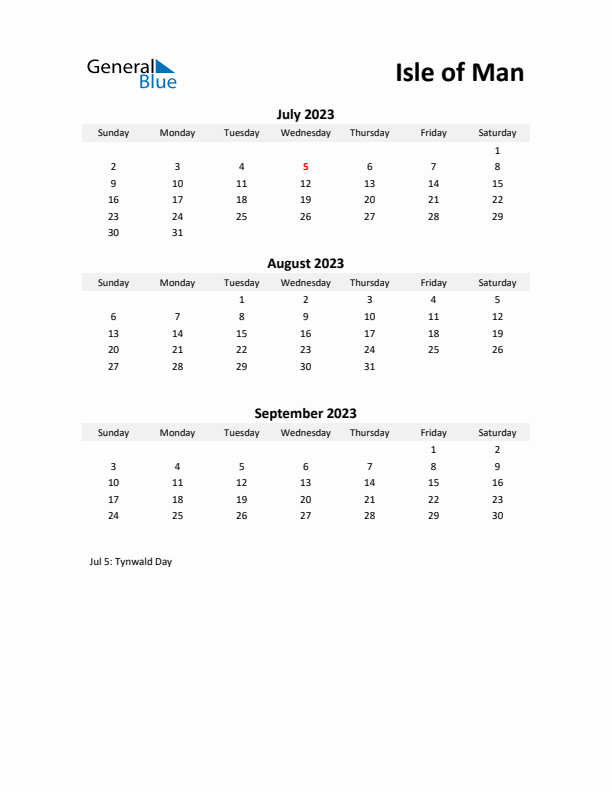 Printable Quarterly Calendar with Notes and Isle of Man Holidays- Q3 of 2023