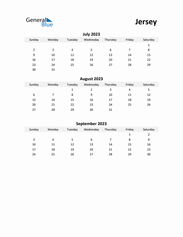 Printable Quarterly Calendar with Notes and Jersey Holidays- Q3 of 2023