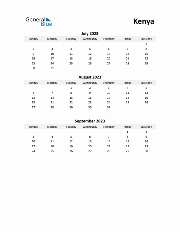 Printable Quarterly Calendar with Notes and Kenya Holidays- Q3 of 2023