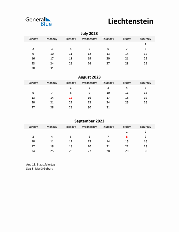 Printable Quarterly Calendar with Notes and Liechtenstein Holidays- Q3 of 2023