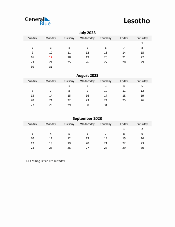 Printable Quarterly Calendar with Notes and Lesotho Holidays- Q3 of 2023