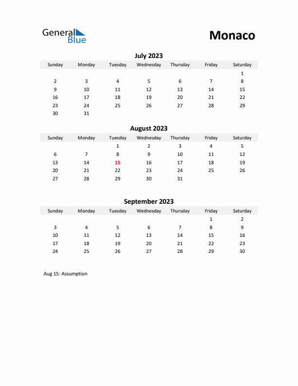 Printable Quarterly Calendar with Notes and Monaco Holidays- Q3 of 2023