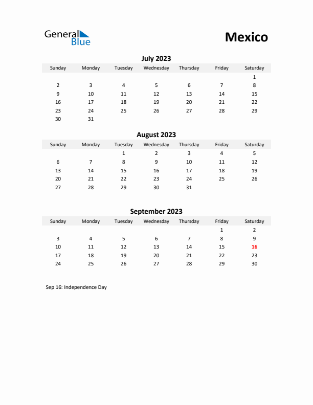 Printable Quarterly Calendar with Notes and Mexico Holidays- Q3 of 2023