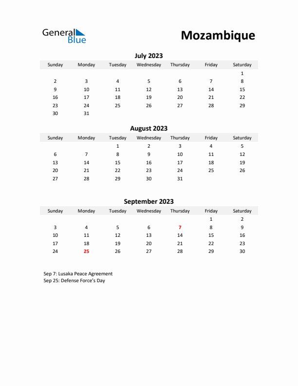 Printable Quarterly Calendar with Notes and Mozambique Holidays- Q3 of 2023