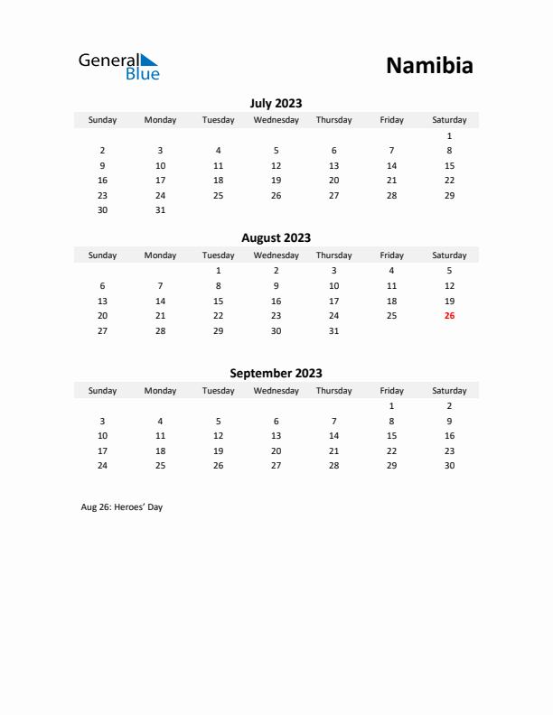 Printable Quarterly Calendar with Notes and Namibia Holidays- Q3 of 2023