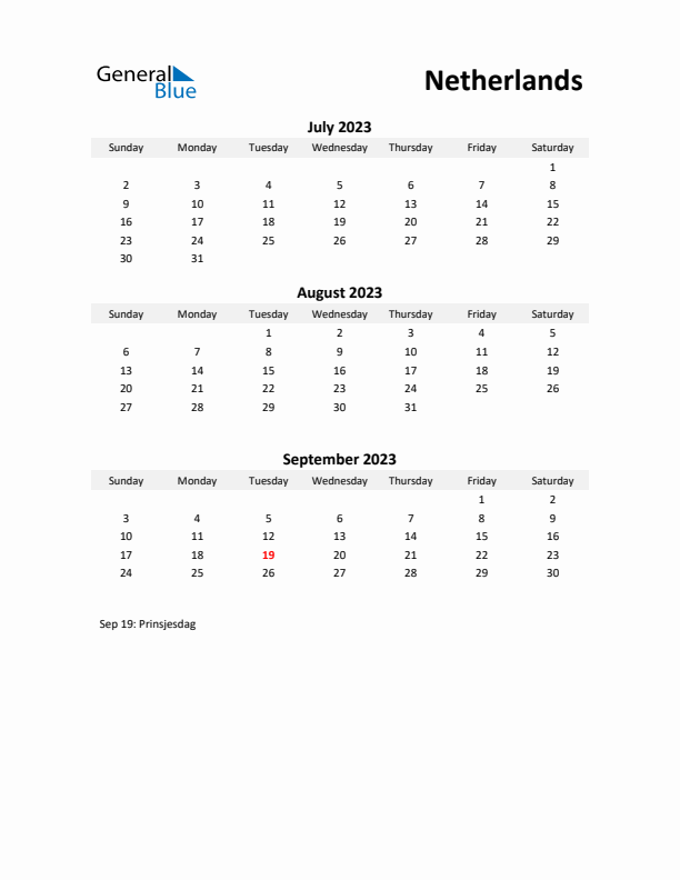 Printable Quarterly Calendar with Notes and The Netherlands Holidays- Q3 of 2023