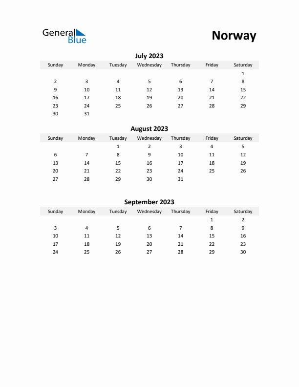 Printable Quarterly Calendar with Notes and Norway Holidays- Q3 of 2023