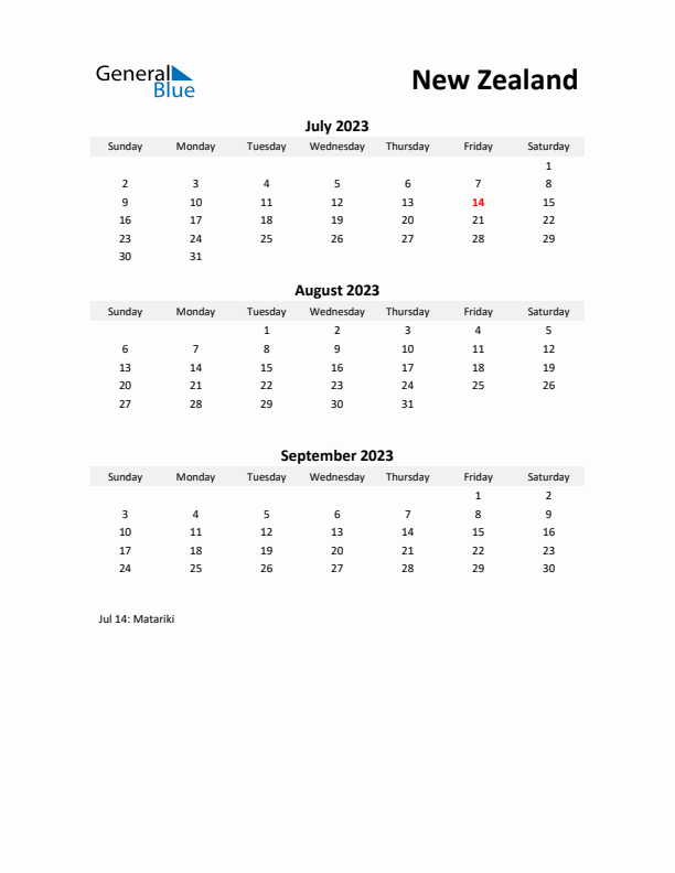 Printable Quarterly Calendar with Notes and New Zealand Holidays- Q3 of 2023