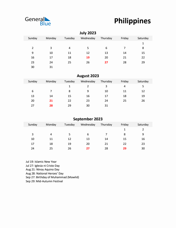 Printable Quarterly Calendar with Notes and Philippines Holidays- Q3 of 2023