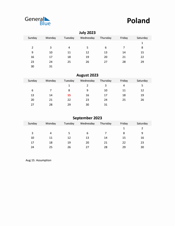 Printable Quarterly Calendar with Notes and Poland Holidays- Q3 of 2023