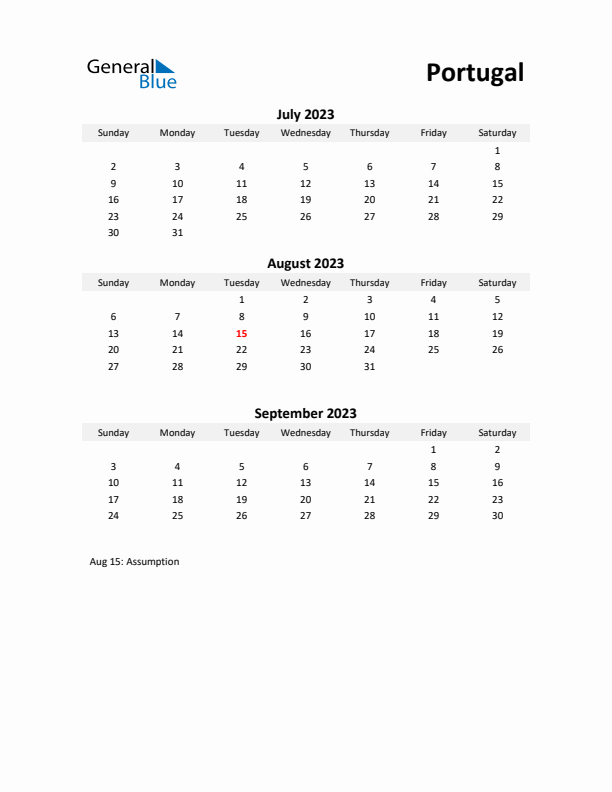 Printable Quarterly Calendar with Notes and Portugal Holidays- Q3 of 2023