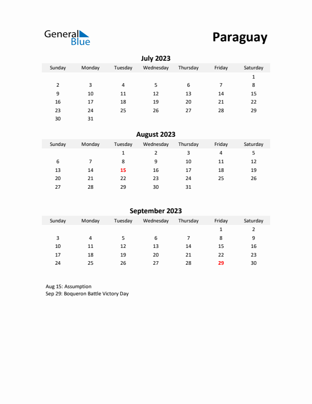 Printable Quarterly Calendar with Notes and Paraguay Holidays- Q3 of 2023