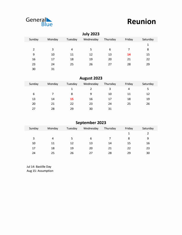 Printable Quarterly Calendar with Notes and Reunion Holidays- Q3 of 2023