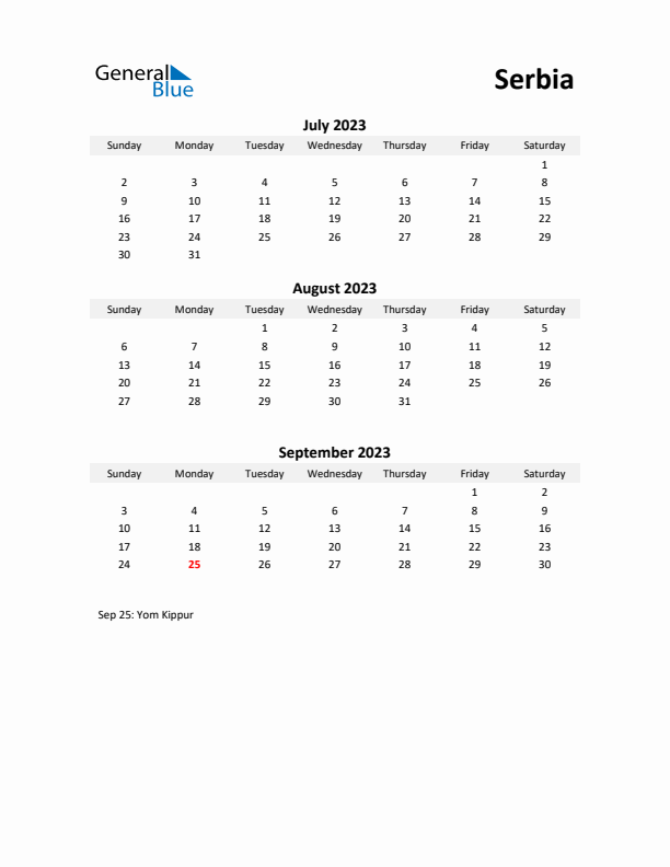 Printable Quarterly Calendar with Notes and Serbia Holidays- Q3 of 2023