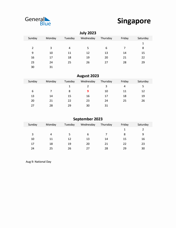 Printable Quarterly Calendar with Notes and Singapore Holidays- Q3 of 2023