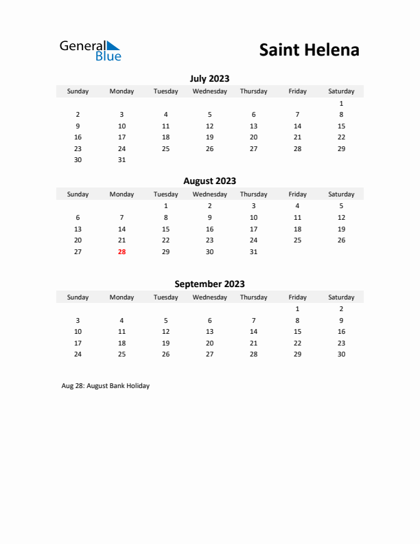 Printable Quarterly Calendar with Notes and Saint Helena Holidays- Q3 of 2023