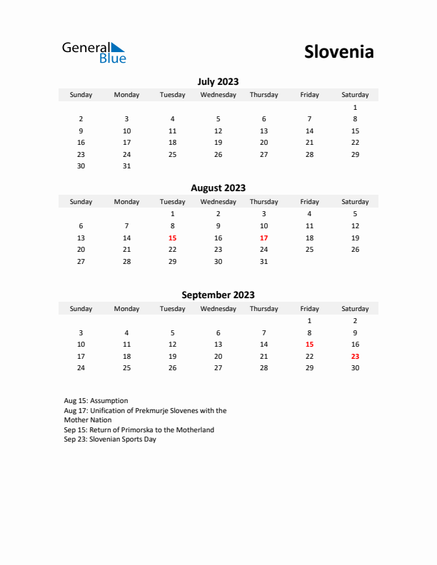 Printable Quarterly Calendar with Notes and Slovenia Holidays- Q3 of 2023