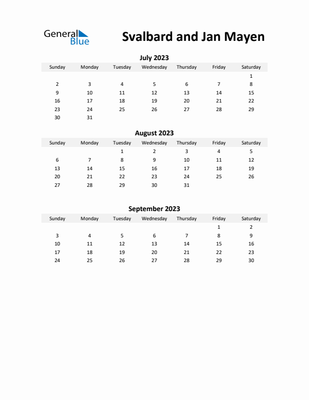 Printable Quarterly Calendar with Notes and Svalbard and Jan Mayen Holidays- Q3 of 2023