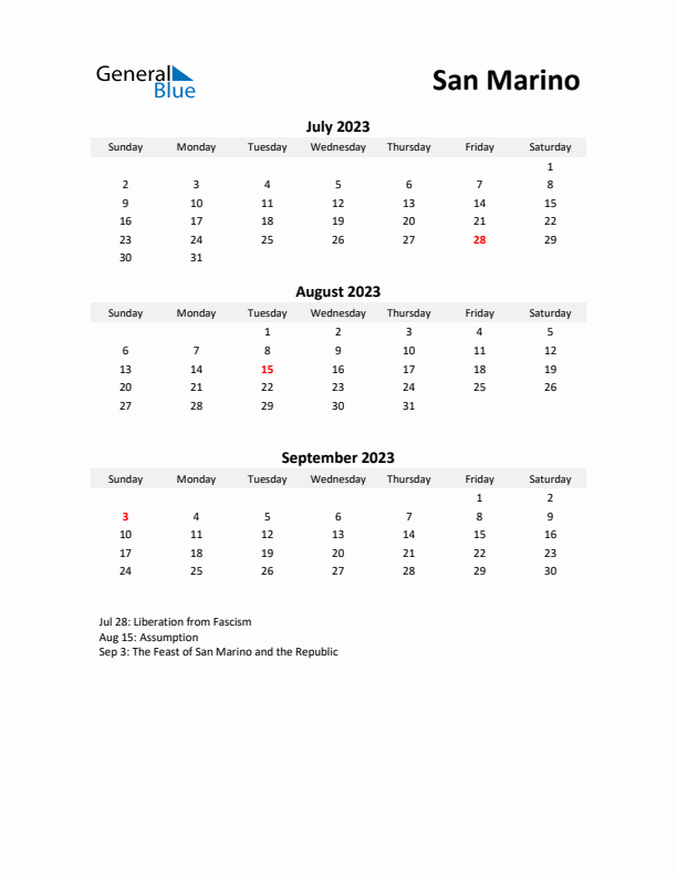 Printable Quarterly Calendar with Notes and San Marino Holidays- Q3 of 2023