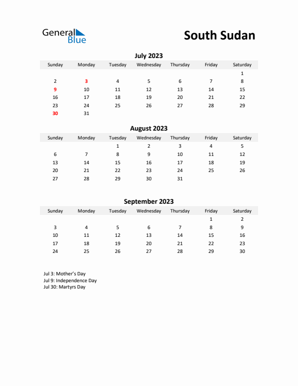 Printable Quarterly Calendar with Notes and South Sudan Holidays- Q3 of 2023