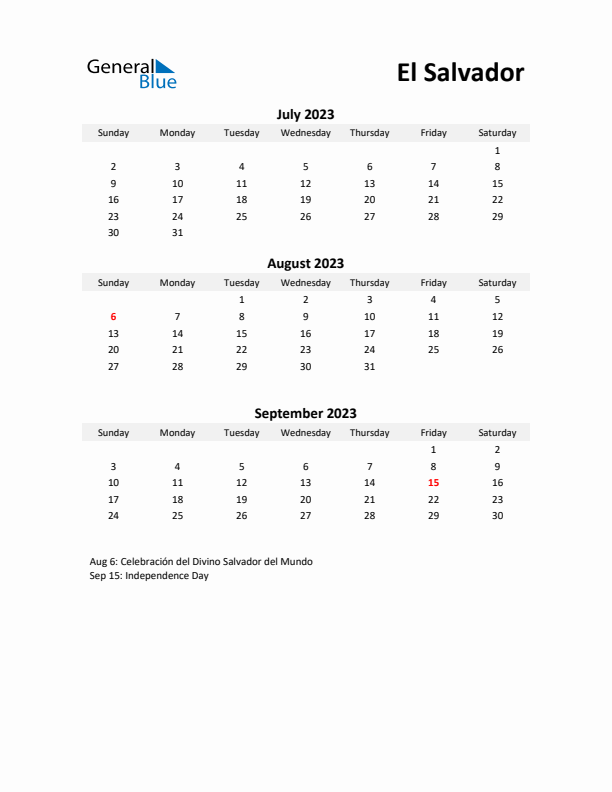 Printable Quarterly Calendar with Notes and El Salvador Holidays- Q3 of 2023