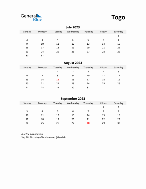 Printable Quarterly Calendar with Notes and Togo Holidays- Q3 of 2023