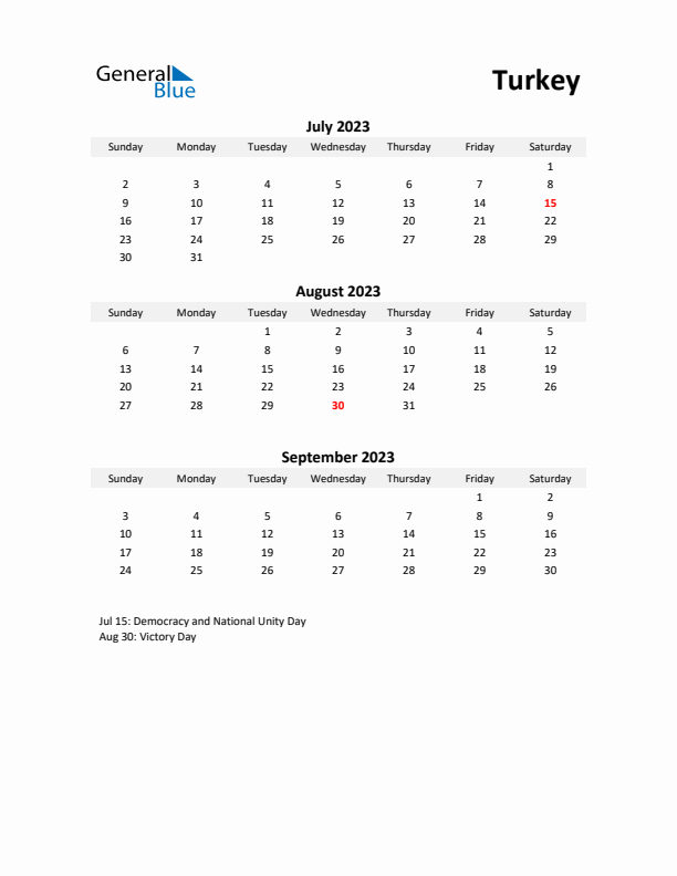 Printable Quarterly Calendar with Notes and Turkey Holidays- Q3 of 2023