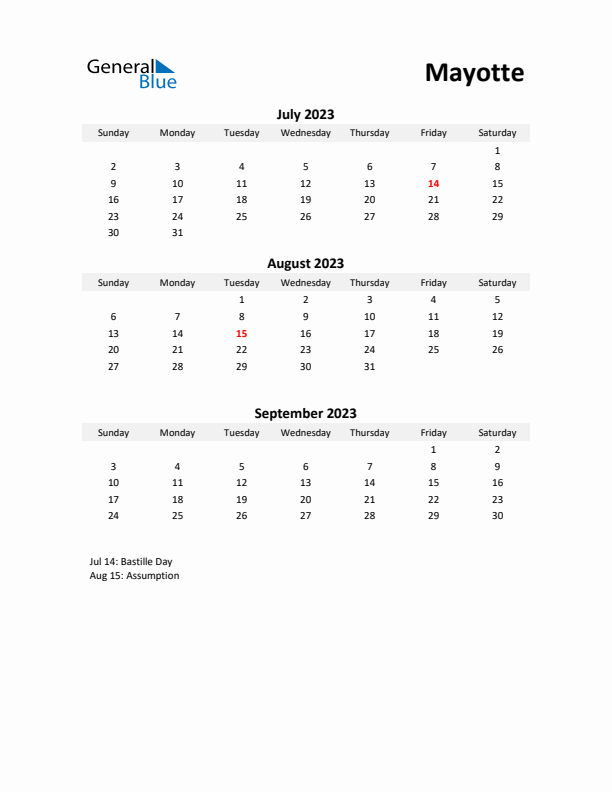 Printable Quarterly Calendar with Notes and Mayotte Holidays- Q3 of 2023