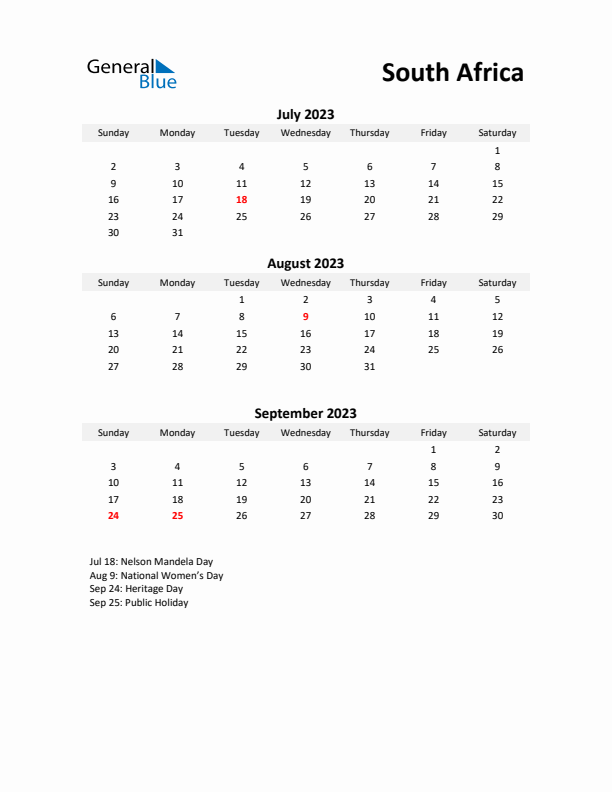 Printable Quarterly Calendar with Notes and South Africa Holidays- Q3 of 2023