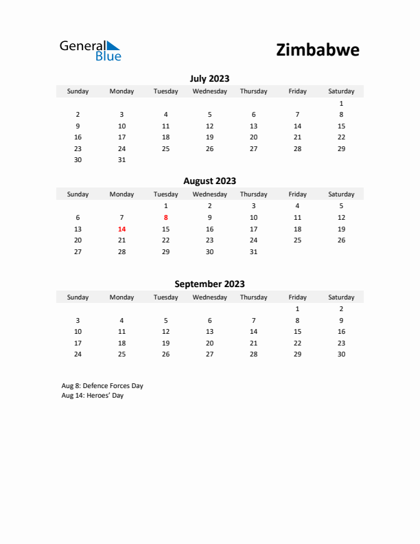 Printable Quarterly Calendar with Notes and Zimbabwe Holidays- Q3 of 2023