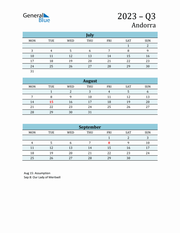 Three-Month Planner for Q3 2023 with Holidays - Andorra