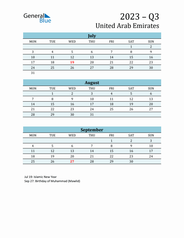 Three-Month Planner for Q3 2023 with Holidays - United Arab Emirates