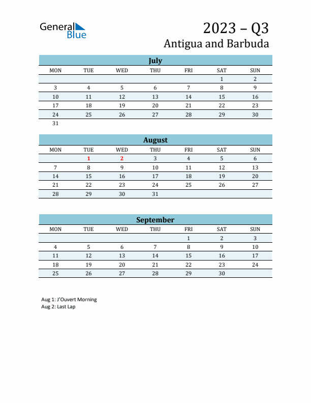 Three-Month Planner for Q3 2023 with Holidays - Antigua and Barbuda