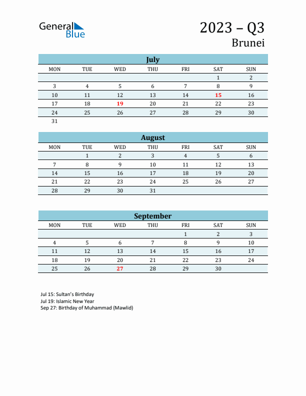 Three-Month Planner for Q3 2023 with Holidays - Brunei