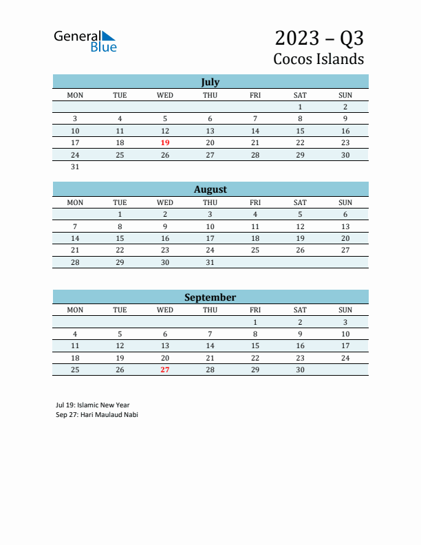 Three-Month Planner for Q3 2023 with Holidays - Cocos Islands