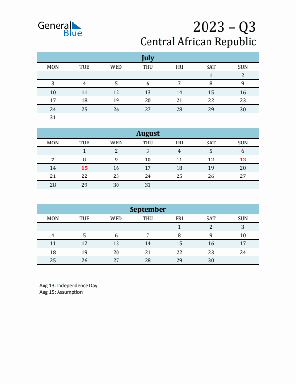 Three-Month Planner for Q3 2023 with Holidays - Central African Republic