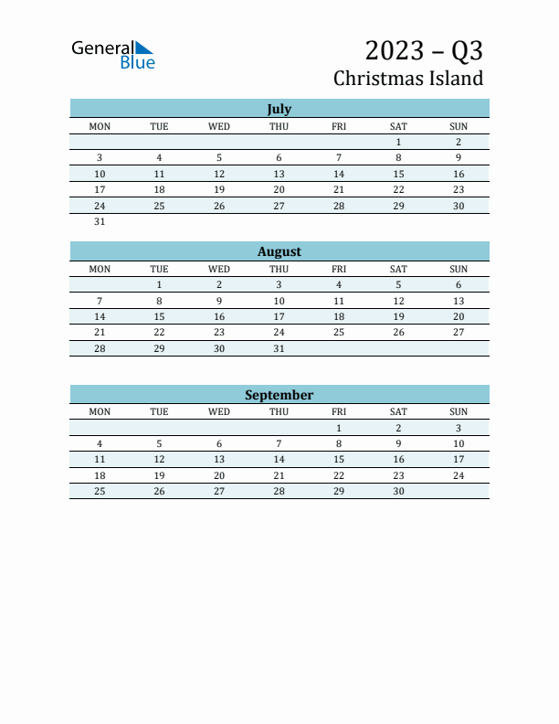 Three-Month Planner for Q3 2023 with Holidays - Christmas Island