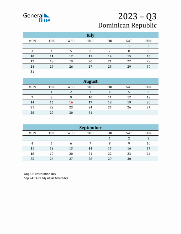 Three-Month Planner for Q3 2023 with Holidays - Dominican Republic