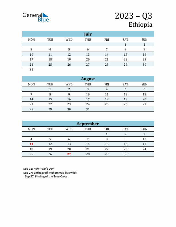 Three-Month Planner for Q3 2023 with Holidays - Ethiopia